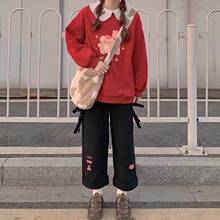 Calças kawaii femininas japonesas macias qweek, calças com bordado de urso, pernas largas, preto, calças soltas, cintura elástica, adolescentes 2024 - compre barato