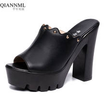 Open Toe Plus Size 32-43 Block Heels Platform Shoes Woman Summer Slippers 2021 Super High Heels Leather Slides Women Slippers 2024 - buy cheap