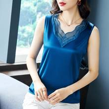 Regata de seda feminina moda coreana cetim de escritório camisola renda sólida tops femininos roupas soltas para mulheres 2024 - compre barato
