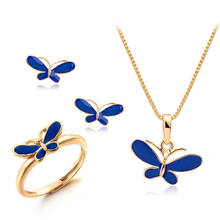 Conjunto de joyería con forma de mariposa azul para niñas y niños, colgante de Color oro amarillo, collar, pendientes de tuerca, anillo antialérgico de 16" 2024 - compra barato