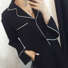 Camisa feminina kimono preto branco, camisa feminina manga comprida folgada contraste casual 2024 - compre barato