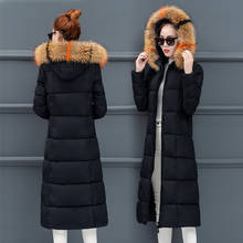 Женские зимние пальто-пузырь, длинная стеганая одежда с меховым капюшоном, черная куртка-пуховик, теплые толстые зимние тонкие парки выше колена на молнии 2024 - купить недорого