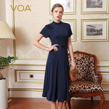 VOA Stylish Silk Knitted Dress Women Mid Waist Slim Tunic Pleated Dresses Beading Ladies Vestido Navy Blue Short Sleeve A7650 2024 - buy cheap