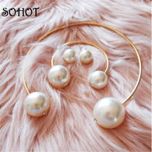 SOHOT-Conjunto de joyería de estilo minimalista para mujer, conjunto de joyería de perlas de imitación de aleación de círculo grande, pulsera, pendientes, collar, joyería de fiesta femenina, regalo 2024 - compra barato