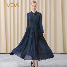 Женское платье из эластичного шелка VOA 36 В момме, темно-синее плиссированное платье с отворотом и вышивкой, с длинными рукавами, AE597 2024 - купить недорого