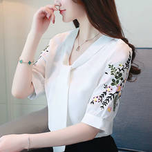 Women's Summer Blouses 2021 Bow V Neck Office Ladies White Blouse Plus Size Tops Chiffon Blouse Short Sleeve Women Shirts B461 2024 - buy cheap