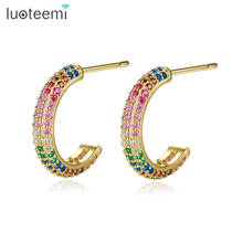 LUOTEEMI-pendientes de Aro para mujer, aretes de tres colores con piedras de circonita cúbica, pendientes de pavimentación, joyería de celebración de fiesta k-pop, venta al por mayor 2024 - compra barato