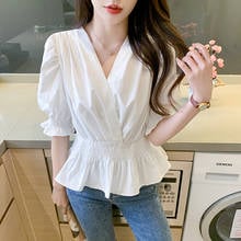 2022 Summer Tunic White Shirt Women High Waist Wrap Blouse V neck Puff Sleeve Tops and Blouses Korean Ladies Top with Ruffles 2024 - buy cheap