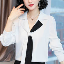 Blusa de chiffon para mulheres, camisa feminina manga comprida com laço e gola v para escritório c581 2024 - compre barato