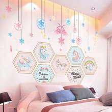 Adesivo de parede de unicórnio para crianças, decoração de casa para quartos infantis, berçário, flores de neve, faça você mesmo 2024 - compre barato