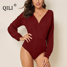 QILI-monos plisados de manga larga para mujer, bodys con cuello de pico, negro Borgoña, Sexy, otoño 2024 - compra barato