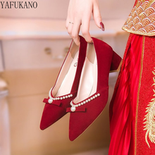 Zapatos de boda rojos elegantes con lazo para mujer, tacones altos, puntiagudos, boca poco profunda, zapatos individuales, cómodos y gruesos 2024 - compra barato