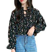 Women's Blouses Sweet Flare Sleeve Shirts Long-sleeved Blouse Black Floral Chiffon Blouse Shirts Tops 2024 - buy cheap