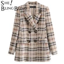 SheBlingBling Vintage Retro Check Pattern Double Breasted Ladies Women Casual Plaid Blazer And Skirt Two-Piece Office Lady Work 2024 - buy cheap