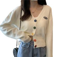 Cardigã feminino manga comprida, casaco de malha grande 3xg curto coreano doce 2024 - compre barato