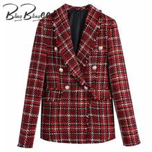 BlingBlingee Women 2022 Double Breasted Tweed Check Blazers Coat Vintage Female Outerwear High Waist Skirt 2-piece Set Outfits 2024 - buy cheap