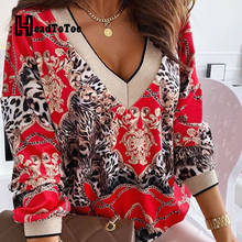 Blusa casual com estampa de leopardo, corrente, manga comprida, gola v, feminina, camisetas largas 2024 - compre barato