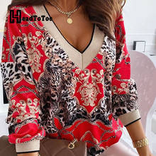 Blusa informal con estampado de leopardo para mujer, Jersey ajustado de manga larga con cuello en V, con cadena 2024 - compra barato