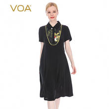 VOA Summer Silk 16m/m Crepe De Chine Print Satin Stitching POLO Collar Yellow Edge Fashion Black A-Line Woman Dress AE66 2024 - buy cheap