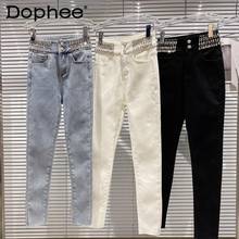 Stretch Jeans Women 2022 Spring New Rhinestone Shiny Beaded Waist Temperament Slim Pencil Denim Pants Female Trouses Streetwear 2024 - buy cheap