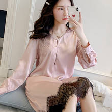 Camisón de encaje de manga larga para mujer, ropa de dormir de princesa coreana, Sexy, de seda, color rosa, talla grande, 2020 2024 - compra barato