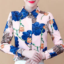 Blusa feminina manga comprida gola virada, camisa de chiffon estampada para mulheres d465 2024 - compre barato