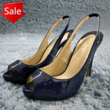 Women Stiletto Thin High Heel Sandals Sexy Slingback Peep Toe Dark Blue Patent Party Bridals Ball Lady Shoes S1 2024 - compre barato