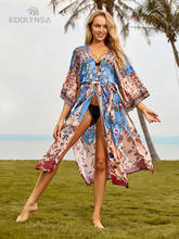 2021 богемное летнее пляжное платье с цветочным принтом, женская пляжная одежда, хлопковая туника, сексуальное открытое платье, парео, саронг, пляжная одежда N653 2024 - купить недорого