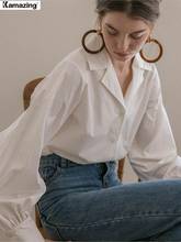 Lanterna manga elegante botão branco vintage blusa feminina turn down collar escritório senhoras feminino camisa casual 2024 - compre barato