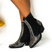 Women's Ankle Boots Women Rivet Chelsea Boots Bling Pointed Toe Mid Heels Woman Elegant Slip On Pumps Lady Footwear Female Shoes 2024 - buy cheap