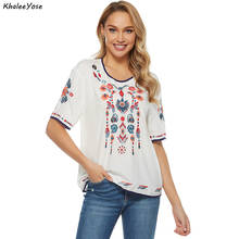 KHALEE YOSE Cotton Boho Floral Embroidery Blouses Mexican Spring Short Sleeve Shirt Women Lace Tie Up 3xl Ethnic Shirt Tops 2024 - buy cheap