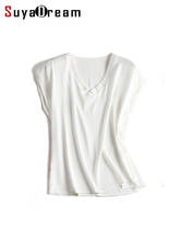SuyaDream Women Solid T Shirt Silk Satin V neck Short Batwing Sleeved Chic Shirt 2022 Spring Summer White Black Silk Top 2024 - buy cheap