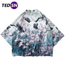 2020 hip hop japonês quimono jaqueta homem guindaste floral frente aberta casacos verão harajuku solto camisa japão streetwear 2024 - compre barato