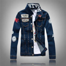 Jaqueta jeans masculina de lapela azul escuro, jaqueta corta-vento com lapela simples e rebite, casaco jeans para homens 2024 - compre barato
