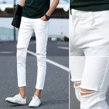 Wholesale 2022 Fashion Knee Hole Jeans Men's Autumn White Feet Ankle Length Jeans Men's Korean Slim Pencil Pants 2024 - buy cheap