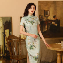 Cheongsam vestido de cetim feminino, elegante vestido longo de manga curta com estampa de flor diária, tamanho grande 4xg, qipao chinês 2024 - compre barato