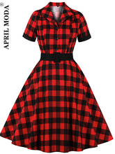 Red Plaid Midi Flare Dress Women Office England Style Gingham Vintage Turn-Down Collar Pinup Retro Rockabilly Robe De Cocktail 2024 - buy cheap
