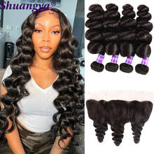 Transparent Lace Frontal With Bundles Peruvian Loose Wave Bundles with Frontal Remy Human Hair Extensions Shuangya Hair Weave 2024 - buy cheap