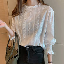 Blusa feminina estilo vintage renda manga flare, camisa branca casual com renda 2024 - compre barato