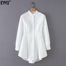 [Ewq] elegante colarinho feminino de outono, branco, plissado, irregular, camisa casual da coreia, para escritório, para mulheres e negócios, 2021 2024 - compre barato