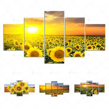 Arte de pared con girasoles, pintura artística en lienzo, póster de secado, Impresión de paisaje de flores para decoración del hogar y sala de estar, 5 paneles 2024 - compra barato