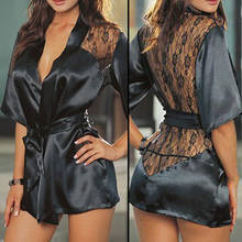 MwOiiOwM New Black Sexy Silk Lace Kimono Dressing Gown Bath Robe Lingerie Nightdress Lingerie Nightwear Underwear G-string 2024 - buy cheap