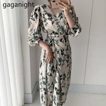 Gaganight Korean Chic V Neck Sashes Slim Vestidos Lady Irregular French Elegant Puff Sleeve Floral Print Zippers Dress Chiffon 2024 - buy cheap