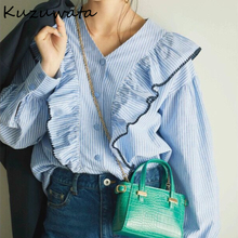 Kuzuwata blusa feminina com babados e gola v, camiseta feminina elegante e chique em estilo retalhos, para primavera 2024 - compre barato