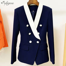 Ailigou Navy Blue Jacket Coat Fashion Metal Button Double Breasted Long Sleeve Slim Shawl Collar Work Business Blazer Women 2024 - buy cheap