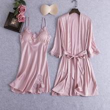 Conjunto de camisola feminina 2 peças com acabamento em rendas cor-de-rosa, vestido de seda falso, pijama sexy com decote v, para primavera-verão 2024 - compre barato