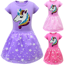 Vestido de princesa con lentejuelas para niñas pequeñas, ropa de verano para adolescentes, disfraz de Color para niños, fiesta de unicornio 2024 - compra barato