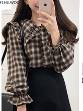 2022 Cotton Blends Basic Shirts Blouses Women Japan Preppy Style Design Ruffled Tops Ruffled Peter Pan Collar Plaid Button Shirt 2024 - buy cheap