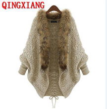 Oversize Knitwear Autumn Winter Women Khaki Faux Fur Neck Knitted Cardigans Female Long Batwing Sleeves Loose Sweater Shirt 2024 - buy cheap