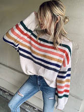 Fitshinling suéter listrado de arco-íris boêmio, para mulheres, outono inverno, pulôver de manga comprida, tricô, suéter feminino 2024 - compre barato